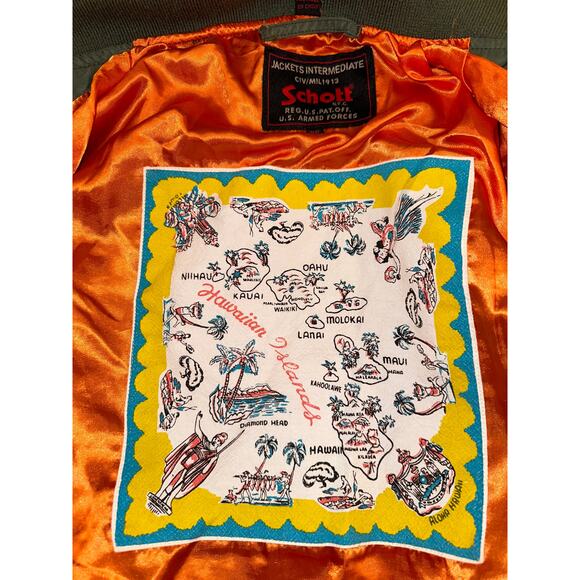 SCHOTT OLIVE GREEN AVIATOR BOMBER ARMY JACKET XS ORANGE LINING - Picture 3 of 11